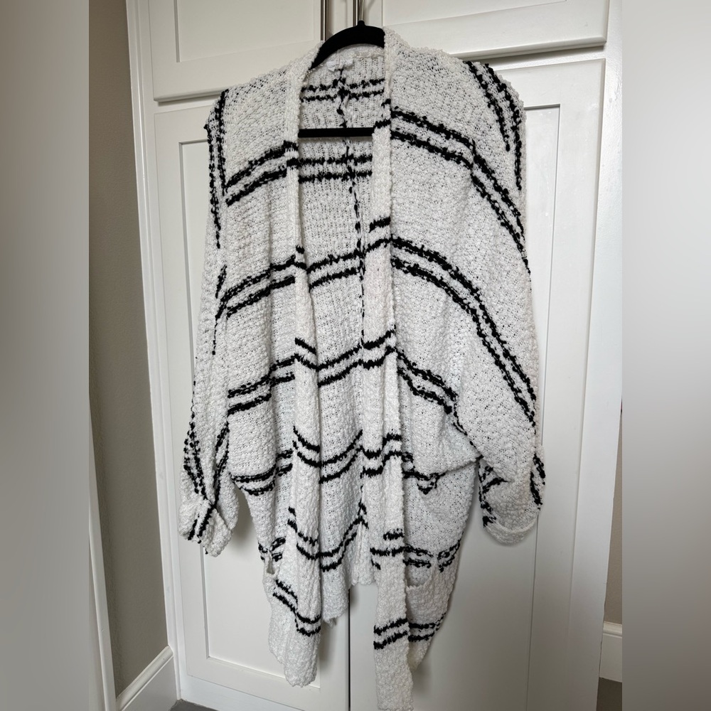 Cozy Black & White Striped Open-Front Women's Sweater Cardigan